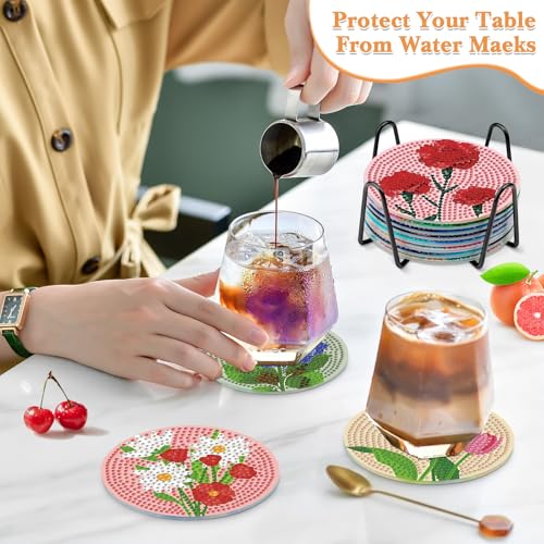 NAIMOER 8 Stück Blumen Diamond Painting Untersetzer mit Halter, DIY Landschaft Diamant Tassenuntersetzer, Diamant Painting Untersetzer für Erwachsene Kinder, Getränke Basteln Coasters