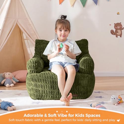 Image of MAXYOYO Kids Bean Bag Chair, Stuffed Toddler Bean Bag Sofa with Filler | Bean Bag Chair for Boys and Girls, Boho Striped Fabric Lazy Sofa with Pocket Floor Chair for Gaming, Reading, Dark Green