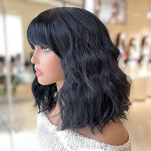 Soku Black Wavy Bob Wig With Bangs 14 Inch Short Bob Curly Natural Hairline Soft Heat Resistant Synthetic Fiber Bangs Wigs For Women Daily Wearing #TOP1