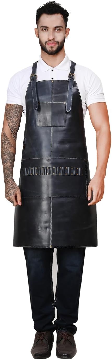 RABADA Leather Apron with Tool Pocket, Heavy Duty Apron, Woodworkers Apron, Mechanics Apron, Blacksmiths Apron, Carpenter Apron, Heat and flame resistance apron,, STANDERD, Black004