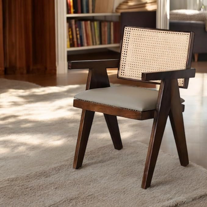 Image of Furniture Solid Sheesham Wood Arm Chair with Cushion and Cane Back Support Chair Living Room Bedroom Home Wooden Armchair Furniture Garden Balcony Outdoor & Indoor (Walnut Finish Set Off 2)
