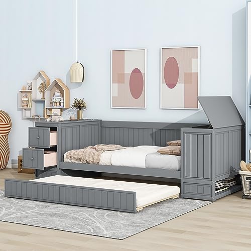 SOFTSEA Twin Size Trundle Daybed with Drawers, Storage Arms and USB Charging Ports, Wood Twin Daybed Frame with Trundle for Kids Teens Adults, Grey - Thumbnail 4