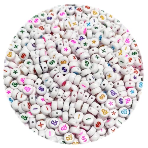 500PCS 4x7mm Mixed Acrylic Symbol Beads for Friendship Bracelets Jewelry Making, White Round Flat Acrylic with Colourful Symbol Beads for DIY Crafts Bracelets Necklaces Key Chains Phone Lanyard