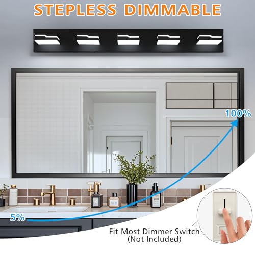 Image of LED Modern Bathroom Vanity Light Fixtures 5-Light, 32 inch Dimmable Matte Black Vanity Lights for Bathroom Lighting Fixtures Over Mirror, with 350Rotatable Acrylic Heads(White Light 5500K)