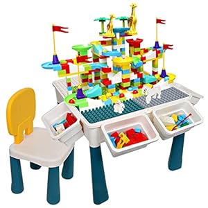Peuter Activiteit Table Set, Kindertafel & Stoel Set All-In-One Multi Activiteit Playset Compatibel Bouwsteen En…