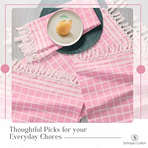 Image of Matrix Dobby Kitchen Towels 4 Pack 100% Cotton, 16x26 Inches, Dish Towels with Knotted Tassels, Reusable and Washable Cloths for Cleaning, Drying Dishes - Rose Pink, Natural