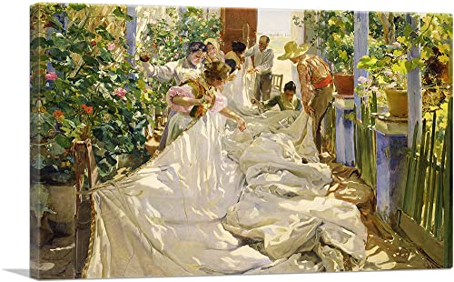 ARTCANVAS Mending the Sail 1896 Canvas Art Print Stretched Framed Painting Picture Poster Giclee Wall Decor by Joaquin Sorolla y Bastida - 26" x 18" (1.50" Deep)