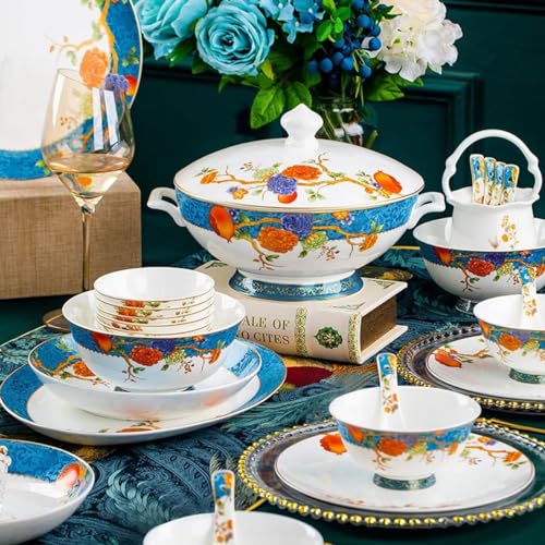 Zestaw zastawy stołowej z porcelany kostnej, 60 sztuk dla 10-12 osób, kwiatowy wzór granatu, europejski wzór pałacowy, wysokiej jakości przybory kuchenne, zastawa stołowa gotowa na prezent