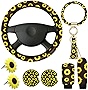 8 Pcs Cute Sunflower Steering Wheel Cover Sunflower Keychain for Women Sunflower Car Accessories Leather Bracelet Key Ring Car Handbrake Cover Gear Cover Sunflower Car Coaster Car Air Vent Clip