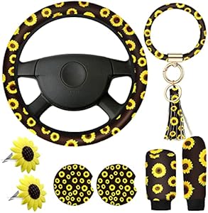 8 Pcs Cute Sunflower Steering Wheel Cover Sunflower Keychain for Women Sunflower Car Accessories Leather Bracelet Key Ring Car Handbrake Cover Gear Cover Sunflower Car Coaster Car Air Vent Clip