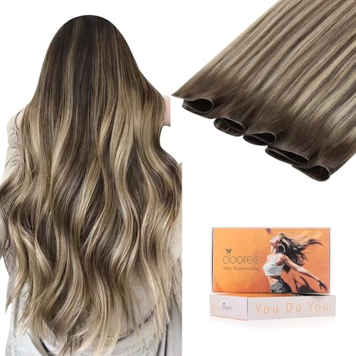 Image of DOORES Genius Sew in Weft Human Hair Extensions for Women, 16 Inch Chocolate Brown to Honey Blonde 50g, Hand Tied Weft Hair Extensions