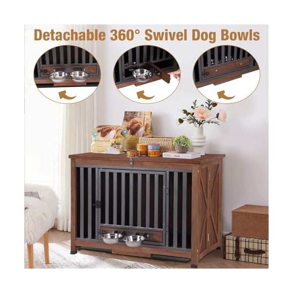 Folding dog crate furniture wooden dog crate end table with 360rotatable removable dog bowls tray modern kennel for dogs indoor for small medium dogs portable  urban country home decor