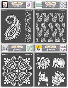 Decorative Stencil for Craft and Art - Paisley and Border, Peacock Feather Background, Ornate Background & Indian Motifs 2 (4Pcs) - Size: 6X6 Inches (2 Pcs)- Indian Design Stencil