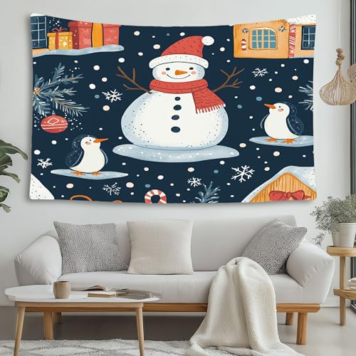 LCHMQ Fröhliche Schneemann Fre&e Tapisserie Comic Pinguin Szene Wandbehang Tapisserie Halloween Deko Wandteppich Schlafzimmer Strandtuch Picknickdecke 200x150cm