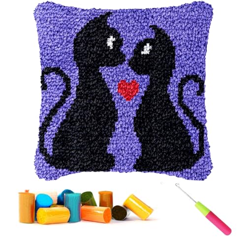 CCWORAN Kit de gancho de pestillo de gato para adultos, cojín para principiantes, fabricación de fundas de ganchillo, kits de manualidades de animales, lona preimpresa, hilo de lana, pasatiempos,