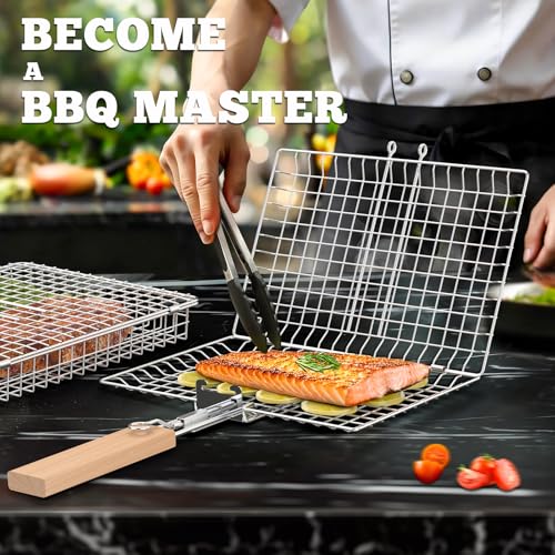 ivtivfu Fischgrillkorb-Set, Abnehmbarer Holzgriff, Edelstahl 304, Outdoor Küche Grill Zubehör für Gemüse Garnelen, Garten Camping Gasgrill, Geschenke Geburtstagsgeschenk für Männer Ehemann Papa 4