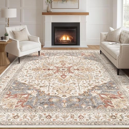 Tortania Area Rug Living Room Rugs - 10x12 Washable Boho Rug Vintage Oriental Distressed Farmhouse Large Thin Indoor Carpet for Living Room Bedroom Under Dining Table Home Office - Orange Multi