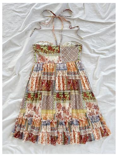 Women's Boho Graphic Ruffle Hem Halter Dress Ruched Tie Backless Summer Short Vacation Dresses2