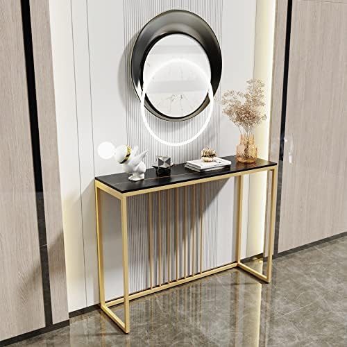 Slim Console Table Hallway Unit: Black Gold Lines Pattern Marble Top Consoles Desk Long 100cm High Gloss Sintered Stone Marbles Effect and Gold Frame Narrow Tall Modern Sofa Side Tables Living room