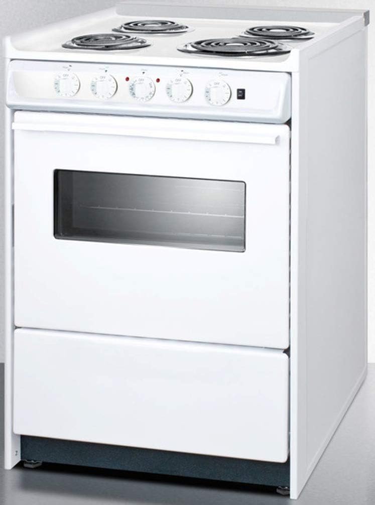 Summit WEM610RW 24"" Slide-In Electric Range with 4 Elements Waist High Broil Oven Racks Chrome Drip Pans Indicator Lights and Push-To-Turn Burner Knobs in White