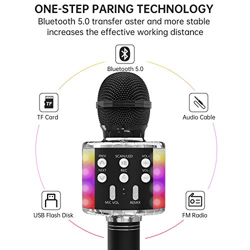 Ovellic Karaoke Microphone For Kids, Wireless Bluetooth Karaoke Microphone With Led Lights, Portable Handheld Mic Speaker Machine, Great Gifts Toys For Girls Boys Adults All Age (Black) #TOP1