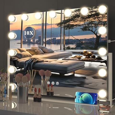 EDTEMI Vanity Mirror with Lights 23"x18"Hollywood Lighted Makeup Mirror with 15 Dimmable LED Bulbs and 3 Colors Modes Touch Control USB Charging Port Type-C 10X Magnification,White Cover