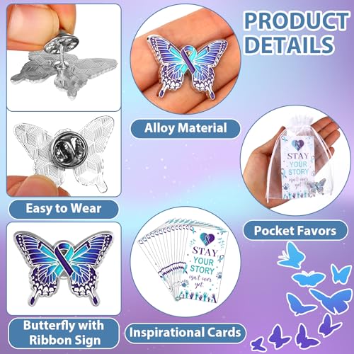 50 Sets Suicide Prevention Awareness Favors Butterfly Ribbon Lapel Pins Purple Teal Hope Faith Badges Brooch with Motivational Cards Organza Bags Gifts for Charity Campaign Party Supplies3