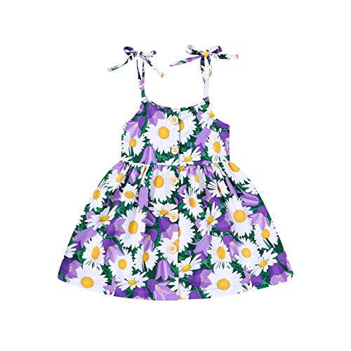 1-5T Toddler Kids Girls Summer Dress Sling Floral Casual Dress Daisy Pattern Girls Party Dress Sleeveless (12-18 Months, Purple+White Daisy Strap Dress)