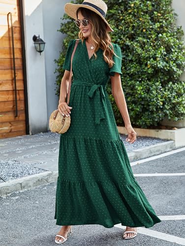 Image of MASCOMODA Women Boho Swiss Dot Maxi Dresses Wrap V Neck Flutter Short Sleeve Solid Tie Waist A Line Tiered Flowy Long Dresses