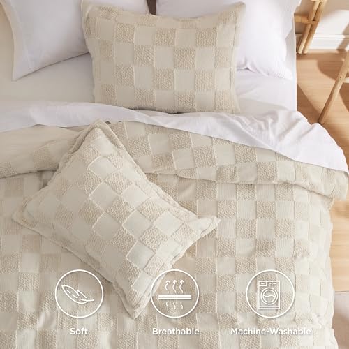 Image of Bedsure Boho Kids Duvet Cover Queen Size(Duvet Insert /Comforter not Included - Checkered Duvet Cover Queenfor All Seasons,Soft Distressed Vintage Boho Bedding (Beige, 90 inch x 90 inch)