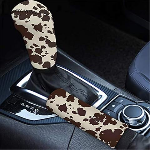 CLOHOMIN Brown Cow Printed Auto Handbrake & Gear Shift Knob Cover Animal Fur Pattern Dustproof Vehicle Auto Accessories for Women Men, Set of 2 Cover