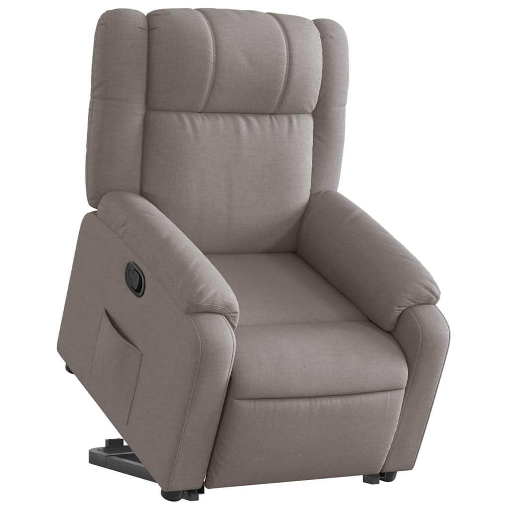 Fotel relaksacyjny z funkcją wspomagania wstawania, materiał taupe, elektrycznie regulowany, tapicerowany, z podłokietnikami i funkcją leżenia, ergonomiczny, do salonu, biura, czytania i