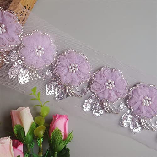2 Yards Purple 3D Chiffon Net Beads Sequins Flowers Lace Edge Trim 6.5Cm Wide Ribbon Embroidered Mesh Lace Fabric Trimmings Applique Sewing Craft Clothes Bridal Wedding Dress Decoration #TOP1