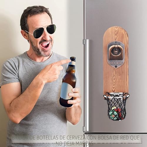 Miniatura 4 de Abridor Cerveza Pared Con Imanes Nevera, Abridor Magnético De Madera Retro, Abrebotellas Cerveza Con Colector Tapa Botella, Regalos Originales Hombre Para Papá, Esposo, Amigos Y Colegas Estilo 3