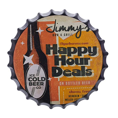 Image of EAZYWAGON Decorative Metal Bottle Caps Wall Sign Plates - 14X14 Inches - Happy-Hour-Deals | Metal Wall Hanging Bottle Cap for Home, Farmhouse, Bar & Cafe Decoration | Vintage & Retro Look Plaques
