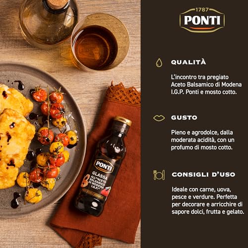 Ponti, Balsamic Vinegar of Modena I.G.P. Glaze, Ideal for All Recipes, Full and Sweet and Sour Taste with Moderate Acidity, 100% Made in Italy, 250 g set