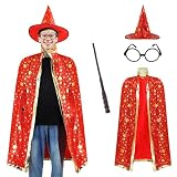EDAUWAE Adult Wizard Cape,Wizard Cloak Costume with Wizard Hat Wand and Eyeglasses for Halloween Cosplay
