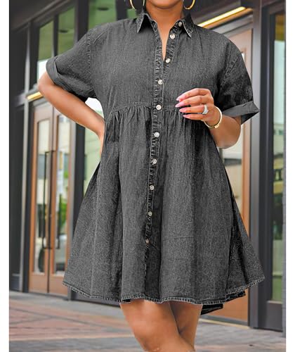 Image of Womens Denim Babydoll Dresses Summer Outfits Button Down Ruffle Tiered Jean Dress