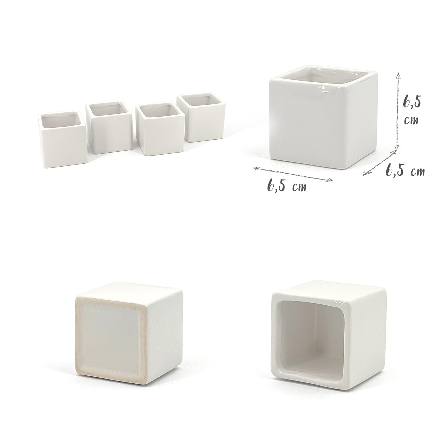 Set di 4 Vasi Bianchi, da Interno in Ceramica Bianca Lucida | Misura 6,5x6,5 cm | Ideali per Piante Grasse, Bonsai, Fiori, Vasetti Decorativi da Interno Moderni per Casa, Scrivania, Tavolo, Ufficio.