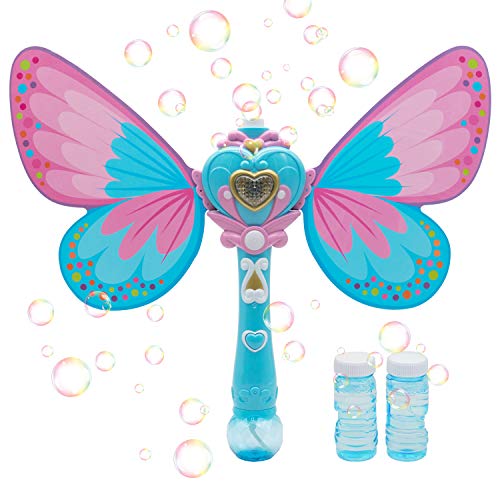 Kingsport Magic Bubble Wand Blower, Musical Light Up Butterfly Fairy Stick Bubbles Marker Toy for Kids, Party Wedding Outdoor Activity Bubble Machine with 2 Bottle Bubbles Refill (Pink)