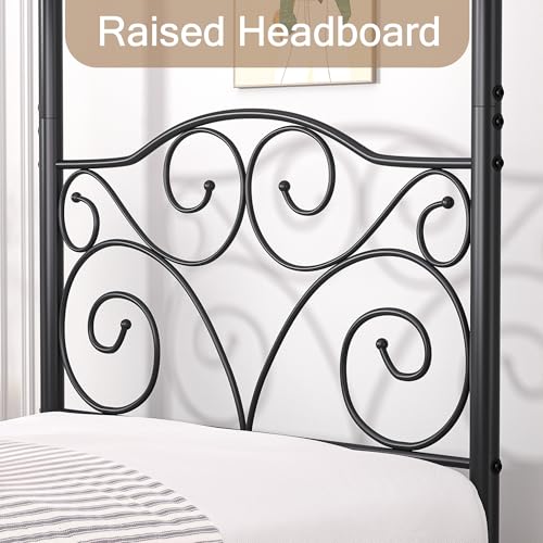 Image of VECELO Metal Canopy Bed Frame Twin Size, 4 Posters Platform Mattress Foundation with Headboard, Heavy Duty Steel Slats Support, No Box Spring Needed, Black