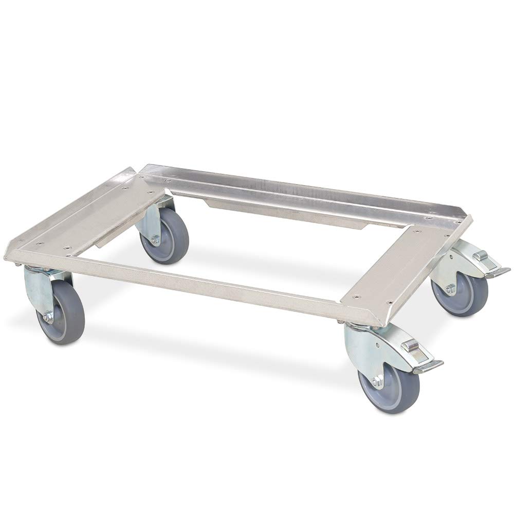 Aluminiowy wózek transportowy do pojemnika o wymiarach 600 x 400 mm, 4 kółka skrętne, 2 z hamulcem postojowym, koła z szarymi gumowymi powierzchniami