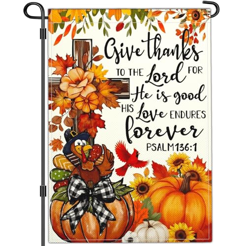 NASIAN Fall Thanksgiving Pumpkin Garden Flag 3Ply Polyester Thankful Give Thanks Fall Thanksgiving Pumpkin Garden Flags for Outside 1218 Inch Double Sided Yard Signs Outdoor House Decorations