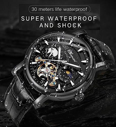 Image of FORSINING Men's Watch Luminous Starry Sky with Moon Phase Tourbillon, Mechanical Automatic Self-wind Fashion Watches, Stainless Steel Case Leather Belt Wristwatch