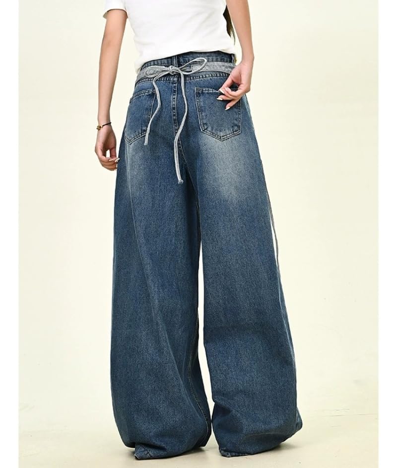 Y2k Kawaii Cartoon Letter Embroidery Tie Wrap Waist Jeans Hiphop Vintage Distressed Baggy Casual Wide Leg Denim Pants 6