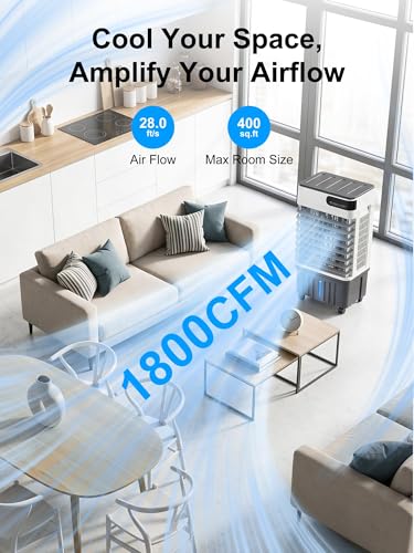 Image of Uthfy Swamp Cooler, 30 Inch Evaporative Air Cooler with 5.3 Gal Large Water Tank, 1800 CFM, 120 Oscillation, 3 Modes & 3 Speeds, Remote, 12 H Timer, 4 Ice Packs, Portable Air Conditioner for Outdoor