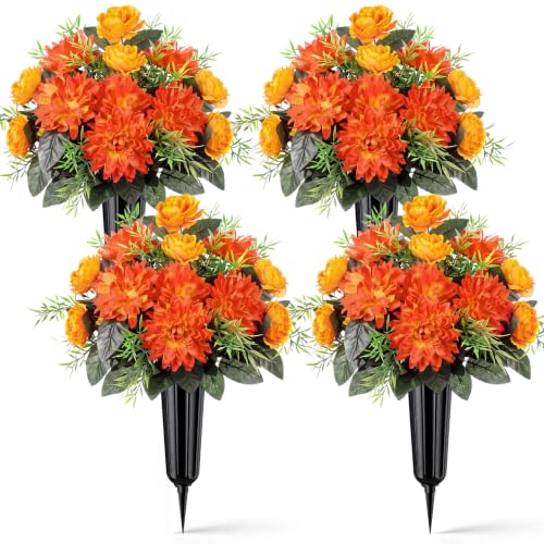 Image of 4 Set Fall Cemetery Flowers for Grave Artificial Dahlia with Vase
