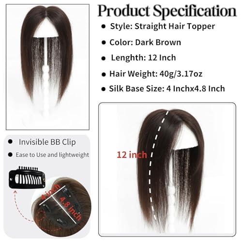 12-Inch Human Hair Topper for Thinning Hair - 10x12cm Silk Base Hair Piece for Women in Dark Brown (2#), 12inch - Image 4