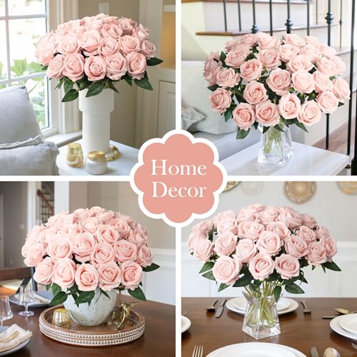 Image of 50 PCS Blush Roses Artificial Flowers, Real Looking Fake Roses with Long Stems Silk Flowers for DIY Wedding Bouquet Party Celebration Home Bridal Shower Decoration Valentine's Day Gift for Her Wife