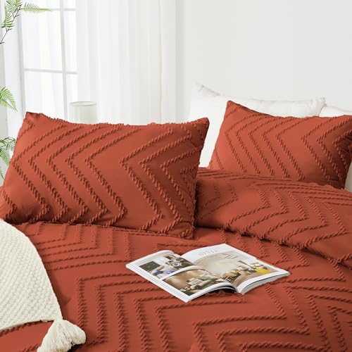 Image of Andency Burnt Orange Full Comforter Sets, Boho Terracotta Soft Warm Bedding Comforter Sets for Full Bed, 3 Pieces Rust Chevron Tufted Aesthetic Microfiber Lightweight Comforter Set